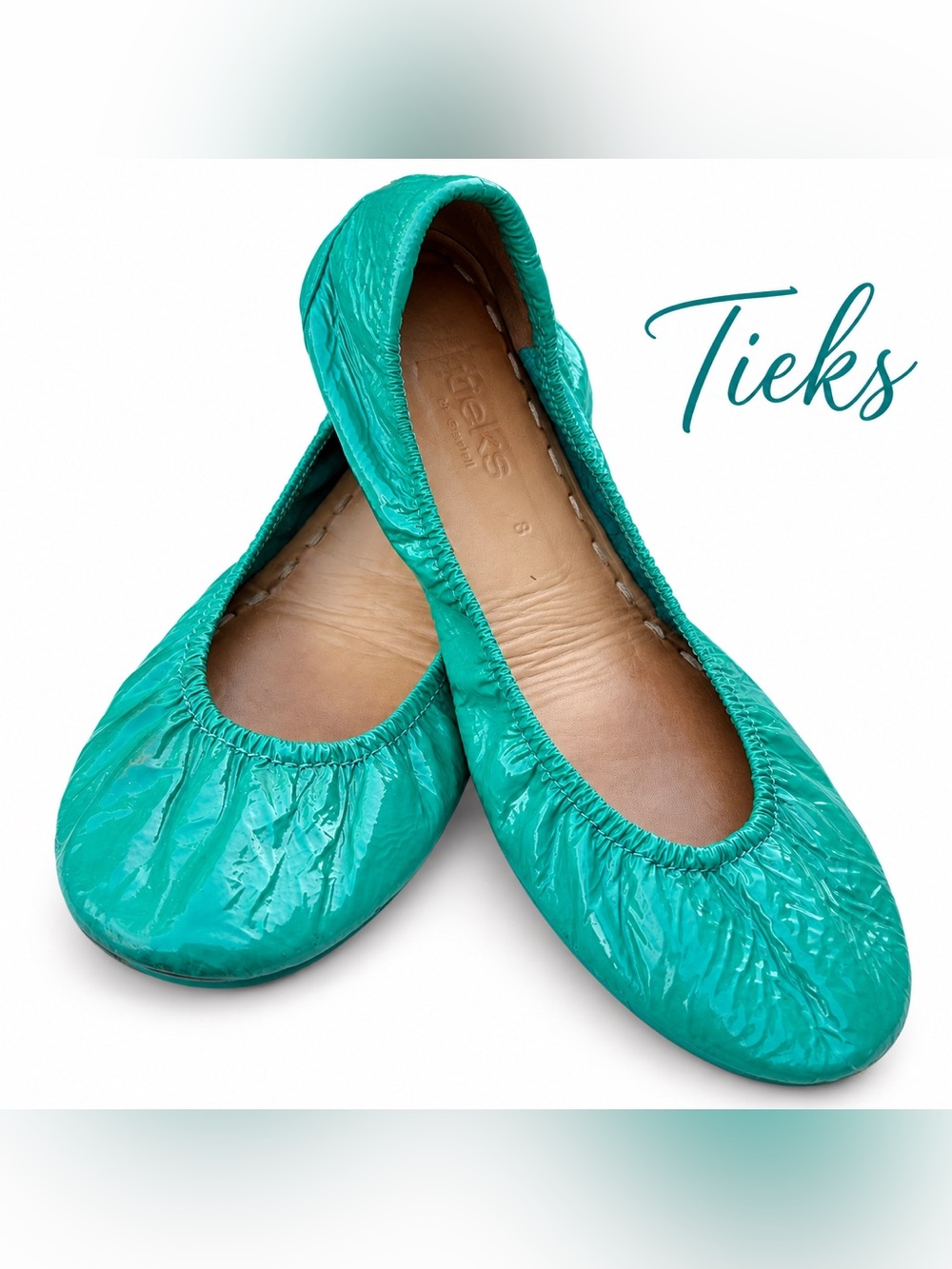Tieks Signature Teal Aqua Patent Ballet Flats. Size 8